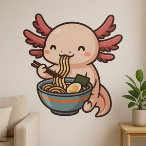 Adhesivo de pared de un lindo ajolote comiendo ramen: divertido motivo animal para decorar la cocina, la habitación de los niños o la autocaravana para los amantes de los anfibios kawaii y del ramen.