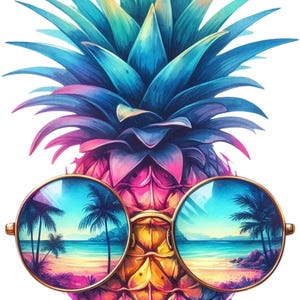 May include: A vibrant illustration of a pineapple wearing gold-rimmed sunglasses. The pineapple is a mix of pink, yellow, and orange, with blue and green leaves. The sunglasses reflect a tropical beach scene with palm trees and a blue ocean.