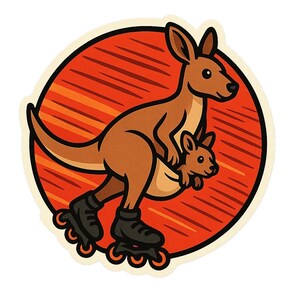 May include: A brown kangaroo with a joey in its pouch, wearing black roller skates. The kangaroo is set against a red and orange circular background. The image has a cartoon style.