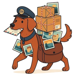 Puede incluir: Ilustración de dibujos animados de un perro marrón vestido de cartero. El perro lleva un sombrero y un collar azules, lleva correo en la boca y una bolsa llena de postales. También equilibra paquetes en su espalda.
