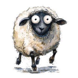 Pode incluir: Ilustração em aquarela de uma ovelha com rosto e pernas pretas e corpo branco e fofo. A ovelha tem olhos grandes e parece estar correndo. O fundo é branco com respingos de aquarela.
