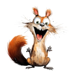 Peut inclure: Illustration à l'aquarelle d'un écureuil de dessin animé avec une grande bouche ouverte, révélant les dents et une langue rose. L'écureuil a une fourrure orange, une queue touffue et de grands yeux verts expressifs. Le fond est blanc.