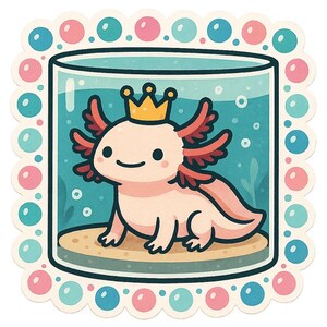 水槽の中の王冠を持つアホロートルのステッカー 動物愛好家のためのかわいい漫画ステッカー 子供部屋 車 ノートパソコン アホロートルファンへのギフト