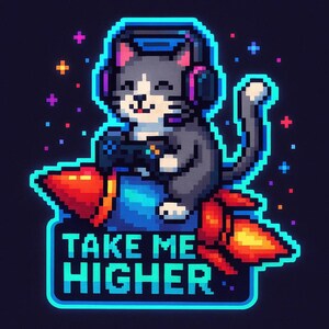 Gato en un cohete con la frase "Llévame más alto". Divertida pegatina de dibujos animados, resistente a la intemperie, regalo para amantes de los gatos, el espacio y el humor.