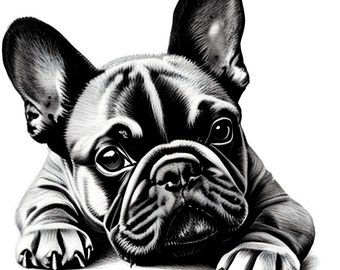 May include: A black and white illustration of a French bulldog lying down with its head resting on its paws. The dog has a serious expression on its face.