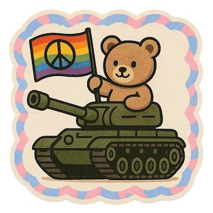 Adesivo orsacchiotto in un carro armato con bandiera della pace Adesivo fumetto per gli amanti dei coccoloni Satirici anti-guerra e nerd militari con ironia