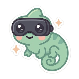 Könnte beinhalten: Ein Cartoon-Aufkleber eines grünen Chamäleons mit einer schwarzen VR-Brille. Das Chamäleon hat rosa Wangen und dunklere grüne Markierungen. Auf beiden Seiten der Figur befinden sich zwei Sternchen.