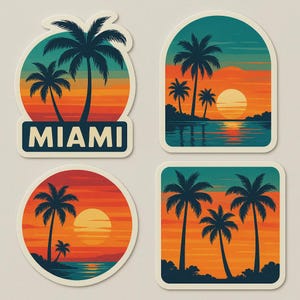 Set di adesivi con il tramonto di Miami, adesivo Palm Beach, motivo di vacanza tropicale, souvenir di viaggio, adesivo per laptop, decorazione colorata, idea regalo