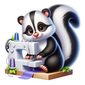 Può includere: Un cartone animato di una puzzola bianca e nera è seduto a una macchina da cucire bianca. La puzzola sorride e sembra cucire un pezzo di tessuto viola. Sono presenti anche bobine di filo blu e viola e foglie verdi.
