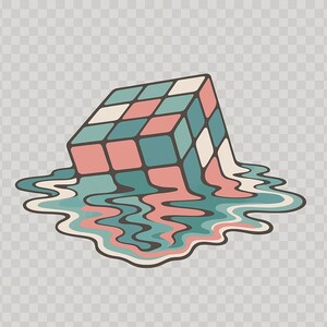 May include: A colorful, abstract illustration of a melting Rubik's cube with a blue, pink, and white color scheme.