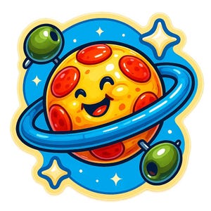 オリーブの衛星付きピザプラネット - 面白い漫画ステッカー - 耐候性 - グルメ、宇宙、ユーモアファンへのギフト