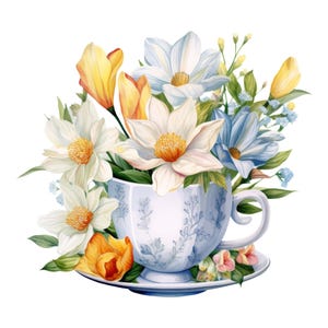 Adesivo per tazza da tè con fiori, adesivo acquerello con tazza floreale, adesivo da parete, adesivo per auto, decorazione, idea regalo per amanti del tè, fiori, amici, romanticismo