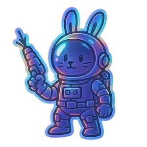 Conejito astronauta con pistola espacial de zanahoria – Pegatina divertida de dibujos animados – Resistente a la intemperie – Regalo para amantes del espacio, los animales y el humor