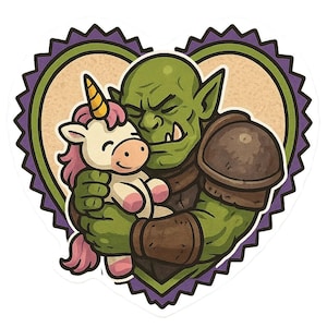 Adesivo Orco Guerriero, peluche unicorno, adesivo fumetto per nerd fantasy, teneri e amici della brutale tenerezza con umorismo