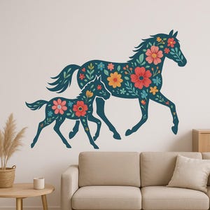 Flower Horses Wall Sticker Romantic horse motif with floral elements as a sticker for wall, camper van, laptop, gift for horses, nature fans