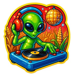 コーンフィールドディスコでレコードプレーヤーを持つエイリアンDJ - 面白い漫画ステッカー - 耐候性 - SF、パーティー、ユーモアファンへのギフト