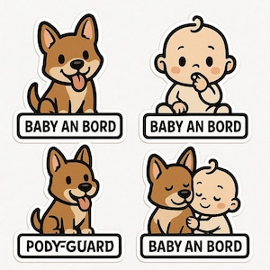 Set de pegatinas "Bebé a bordo" con perro. Bonita pegatina para coche con bebé y guardaespaldas. Diseño de dibujos animados, resistente a la intemperie.