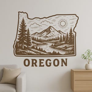 Carte de l'Oregon et autocollant mural paysage motif nature avec contour des montagnes comme autocollant pour mur camping-car ordinateur portable cadeau pour USA extérieur
