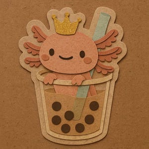 キラキラ輝く王冠をかぶったアホロートルがバブルティーに登場 – かわいい漫画ステッカー – 耐候性 – バブルティー、動物、ユーモアファンへのギフト