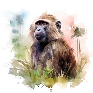 May include: A watercolour painting of a baboon with brown fur and red eyes, set against a backdrop of green grass and palm trees. The artwork features a soft, blended colour palette with shades of brown, green, and pink, creating a naturalistic and artistic feel.