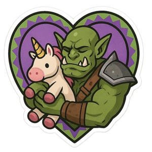 Orc Warrior Sticker knuffelt een pluchen eenhoorn. Stripsticker voor fantasie-nerds, softies en vrienden van brute tederheid met humor.