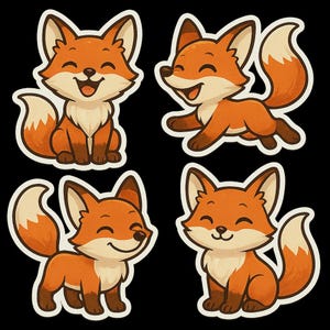Lindo juego de 4 pegatinas de zorro, pegatinas de animales de dibujos animados, pegatinas para coche, decoración para portátil, regalo, scrapbooking, habitación infantil