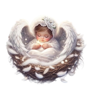 May include: A digital illustration of a baby angel nestled in a woven nest, surrounded by large white feathered wings. The baby wears a white gown and a lace bonnet adorned with flowers, holding a glowing star.