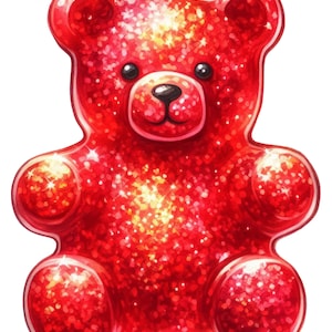 Puede incluir: Ilustración de un oso de goma rojo brillante y con purpurina. El oso tiene una forma clásica con extremidades y orejas redondeadas, y una pequeña nariz y ojos negros. La imagen está llena de reflejos brillantes, lo que le da un aspecto festivo y juguetón. El tema general es la confitería y la diversión.