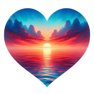 Könnte beinhalten: Herzförmiges Bild mit Sonnenuntergang über dem Wasser. Der Himmel wechselt von Blau zu Rot und Orange, mit Wolken. Die Sonne ist eine helle Kugel, die sich auf dem Wasser spiegelt und eine ruhige Szene erzeugt. Weißer Hintergrund.