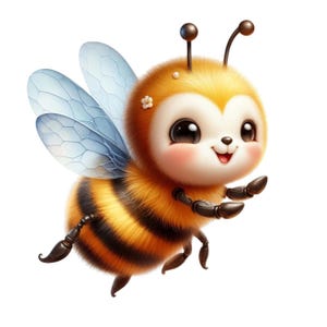 Può includere: Illustrazione di un'ape sorridente dei cartoni animati con un corpo a strisce giallo e nero, grandi occhi e ali blu. L'ape ha un fiore sulla testa ed è raffigurata in uno stile amichevole e invitante.