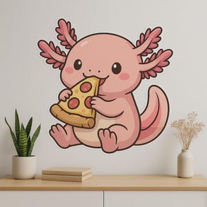 Bonita pegatina de pared de ajolote comiendo pizza: divertido motivo de anfibios para la cocina, la habitación de los niños o la decoración de la autocaravana para los amantes de la pizza y los fans del kawaii.