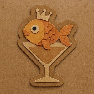 マティーニグラスに入った王冠をかぶった金魚 – 面白い漫画ステッカー – 耐候性 – 動物、パーティー、ユーモア好きへのギフト