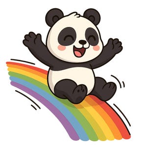Puede incluir: Un panda de dibujos animados en blanco y negro se desliza alegremente por un arcoíris colorido. El panda tiene los brazos levantados y una gran sonrisa, sobre un fondo blanco.