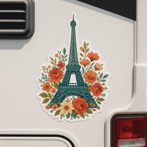 花のエッフェル塔ステッカー。花の要素が入ったロマンチックなパリステッカー。ノートパソコン、車、キャンピングカー、旅行、フランスへのギフトに。