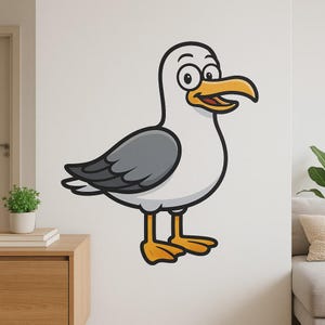 Sticker mural drôle de mouette de dessin animé - Oiseau ludique dans un style comique pour la décoration de salle de bain, de chambre d'enfant ou de camping-car fans côtiers amoureux des animaux