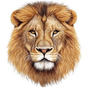 Può includere: Illustrazione dettagliata del volto di un leone, con una criniera e una pelliccia marrone dorato. Il leone ha un naso rosa, baffi chiari e occhi color ambra, con un'espressione concentrata e regale. L'opera è su sfondo bianco.