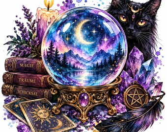 May include: A crystal ball on an ornate gold stand featuring a mountain landscape with a crescent moon, next to a black cat, a lit candle, three books labeled Magie, Träume, and Schicksal, tarot cards, purple crystals, and a dark feather.
