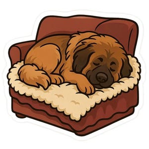 Könnte beinhalten: Ein Aufkleber mit einer Cartoon-Illustration eines großen, braunen Hundes, der friedlich auf einem roten Sessel mit einem flauschigen, cremefarbenen Kissen schläft. Der Hund ist zusammengerollt, die Augen geschlossen, in entspannter Haltung.