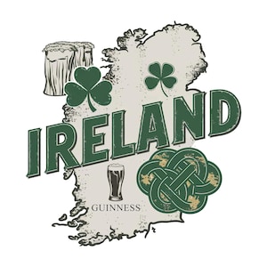 May include: A graphic design featuring the word "IRELAND" in green over a map of Ireland. The design includes shamrocks, a pint of Guinness, and Celtic knotwork. The background has a distressed, vintage look.
