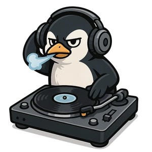 Op de afbeelding: Een cartoon illustratie van een pinguïn met een koptelefoon die draait op een zwarte draaitafel. De pinguïn is zwart en wit met een oranje snavel en blaast een wolkje blauwe rook uit.