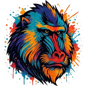 May include: A colourful illustration of a mandrill's head, with a striking mix of blue, orange, red, and yellow hues. The artwork highlights the primate's unique facial features and fur, with paint splatter effects for a dynamic look.