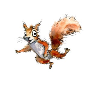 May include: A watercolour illustration of a squirrel leaping. The squirrel is depicted with reddish-brown fur, a bushy tail, and a white underbelly. It has large eyes and a smiling expression. The artwork is created in a loose, expressive style.