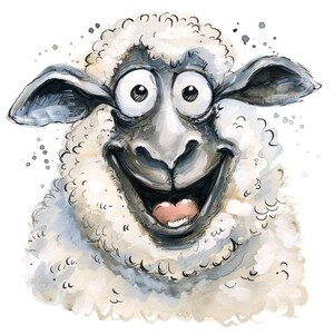 Op de afbeelding: Waterverfillustratie van een lachend schaap met grote, expressieve ogen en een brede grijns. Het schaap heeft een wollige witte vacht, grijze oren en een roze tong. Spattereffecten dragen bij aan de grillige stijl.