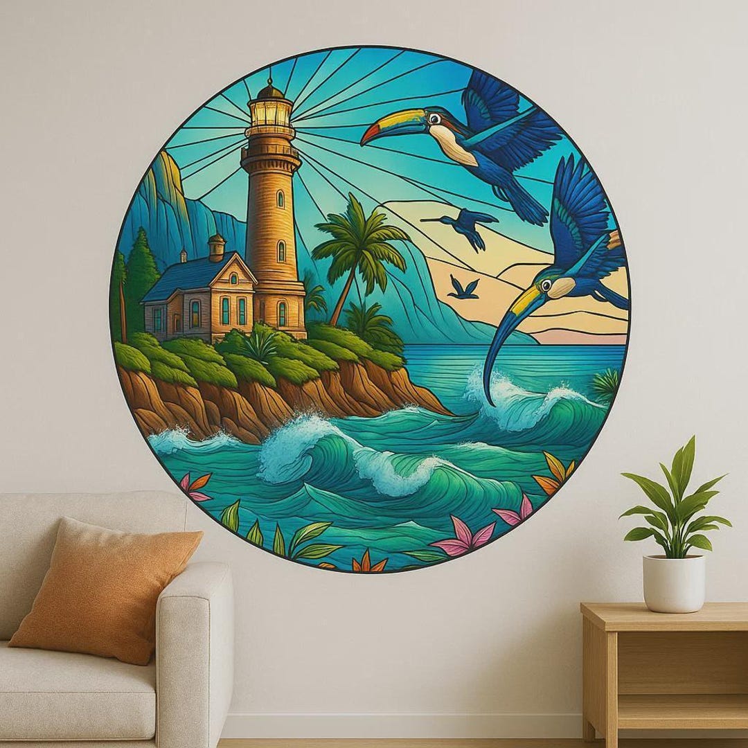 Round Lighthouse Sticker Tropical Lighthouse Wall Sticker – Colorful Birds & Sea Waves – Round ...