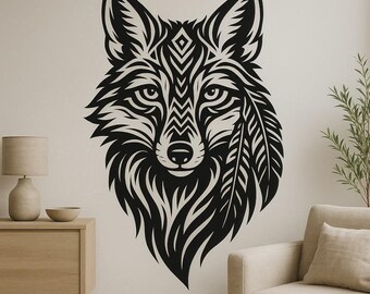 May include: Black and white wolf head wall art. The wolf's face is intricately designed with geometric patterns and a feather accent. The artwork is a striking decorative piece, perfect for adding a touch of nature-inspired style to any room.