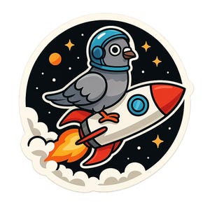 Pegatina de paloma cohete | Paloma de dibujos animados con casco viajando en cohete | Cómic espacial de animales con humor | Pegatina divertida de vuelo