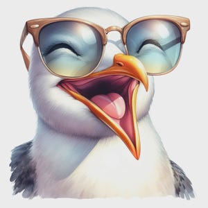 Op de afbeelding: Een digitale illustratie van een lachende zeemeeuw met een bruin montuur zonnebril. De snavel van de zeemeeuw staat open en onthult een roze tong en de binnenkant van zijn mond. De vogel heeft witte veren en grijze vleugeltips.