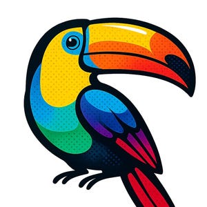 Può includere: Un'illustrazione vibrante di un tucano. L'uccello presenta un grande becco colorato con sfumature gialle, arancioni e rosse. Il suo corpo mostra uno spettro di colori, tra cui giallo, blu e viola, delineato in nero su sfondo bianco.