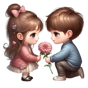 Bonita pegatina de pareja de niños con flores, motivo de amor, regalo de San Valentín, corazón de dibujos animados, decoración romántica, bebé dulce