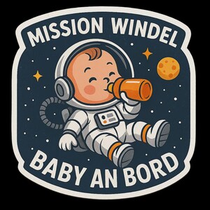 Misión Windel – Pegatina de bebé a bordo con un bebé astronauta – Divertida pegatina para el coche para padres – Resistente a la intemperie y con mucho humor